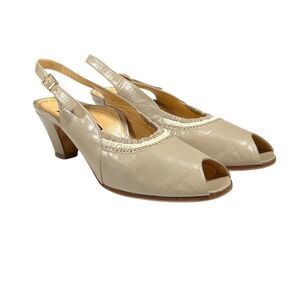 Peron Slingback Peeptoe Shoes Women 9 40 Gray White Italian Leather Heel VTG 90s